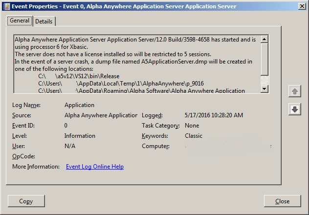 Windows Application Event if no Alpha Anywhere Application license is installed
